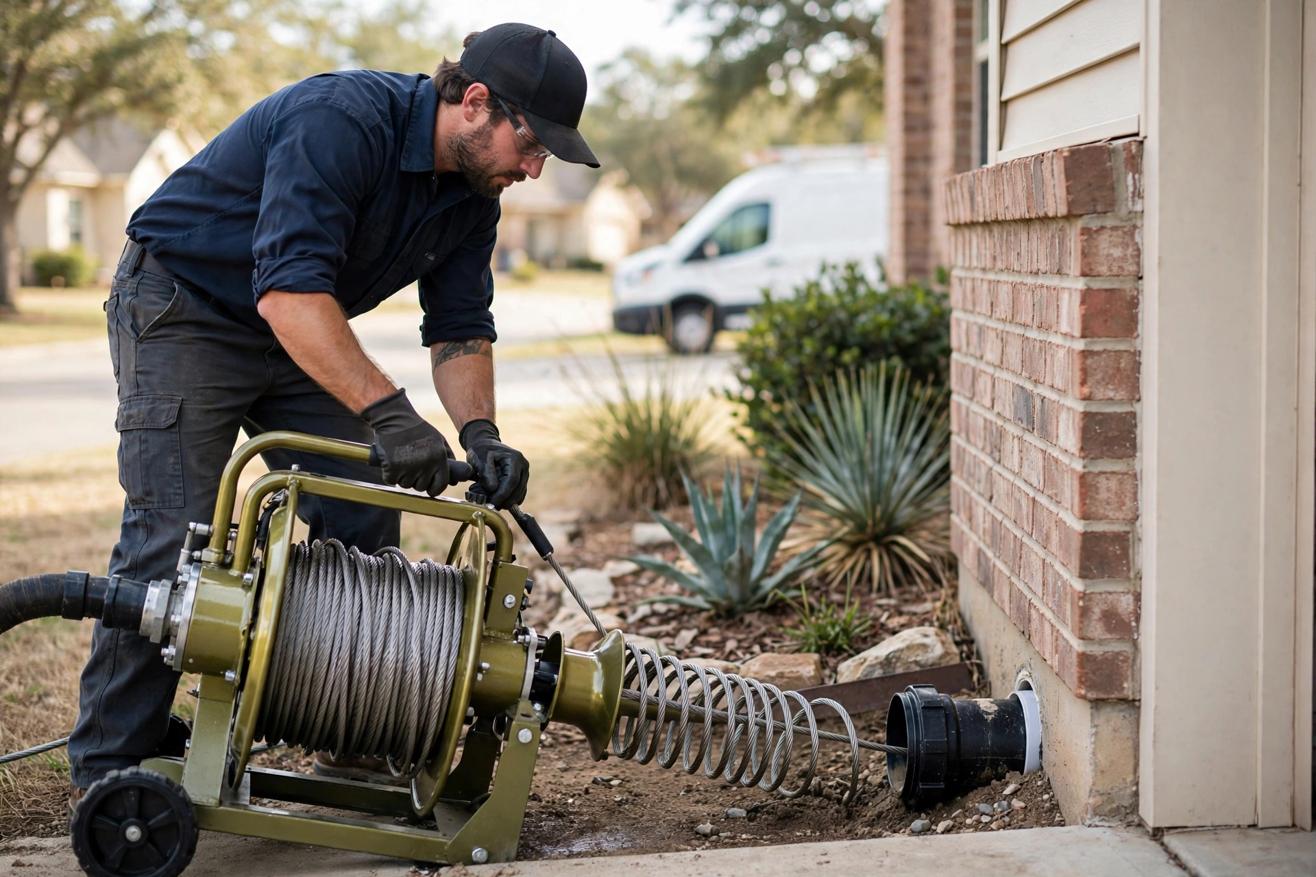 Technician clearing a sewer backup at a Greenville, TX home